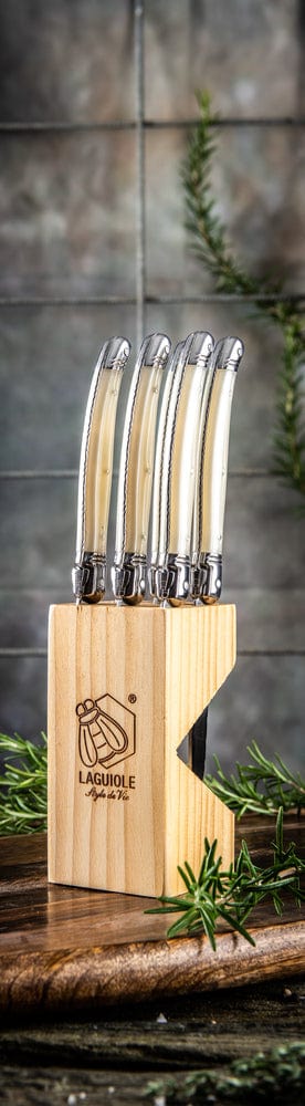STYLE DE VIE Pjaustymas ir smulkinimas Steiko peiliai LAGUIOLE Premium Line by STYLE DE VIE, 6 vnt. su stovu, perlas