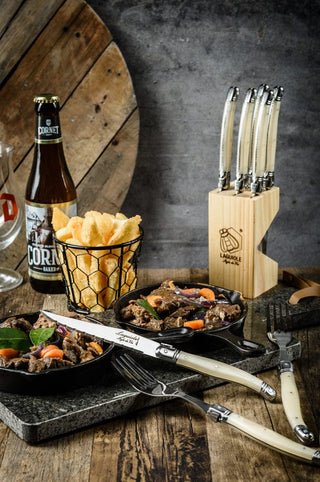 STYLE DE VIE Pjaustymas ir smulkinimas Steiko peiliai LAGUIOLE Premium Line by STYLE DE VIE, 6 vnt. su stovu, perlas